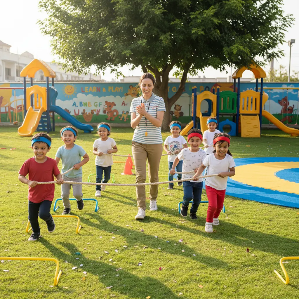 Children participating in an organized group game outdoors at a daycare center in Heritage Park, supervised by an educator, promoting teamwork and physical activity.