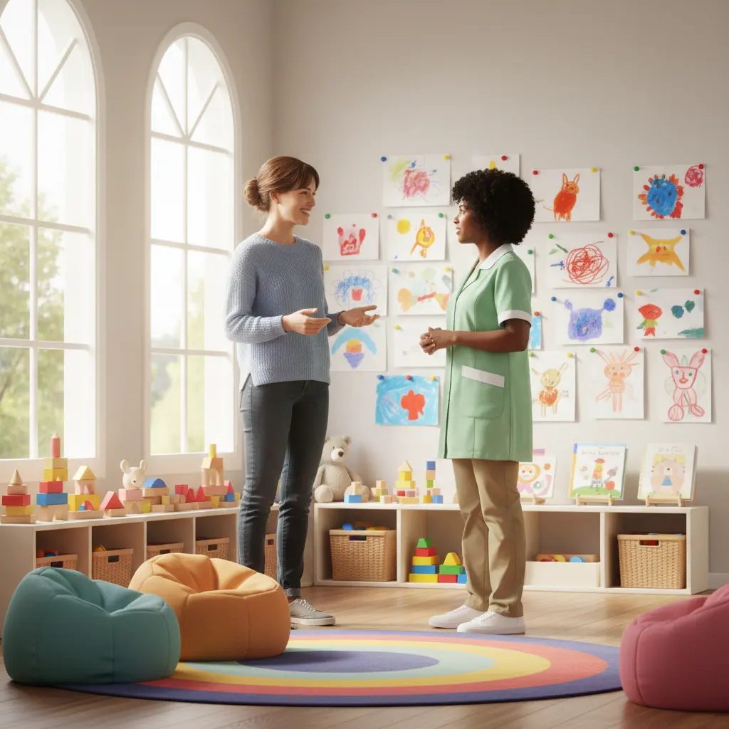 Parent and educator in Raceview having a warm, engaged conversation during daycare drop-off, emphasizing trust and communication.