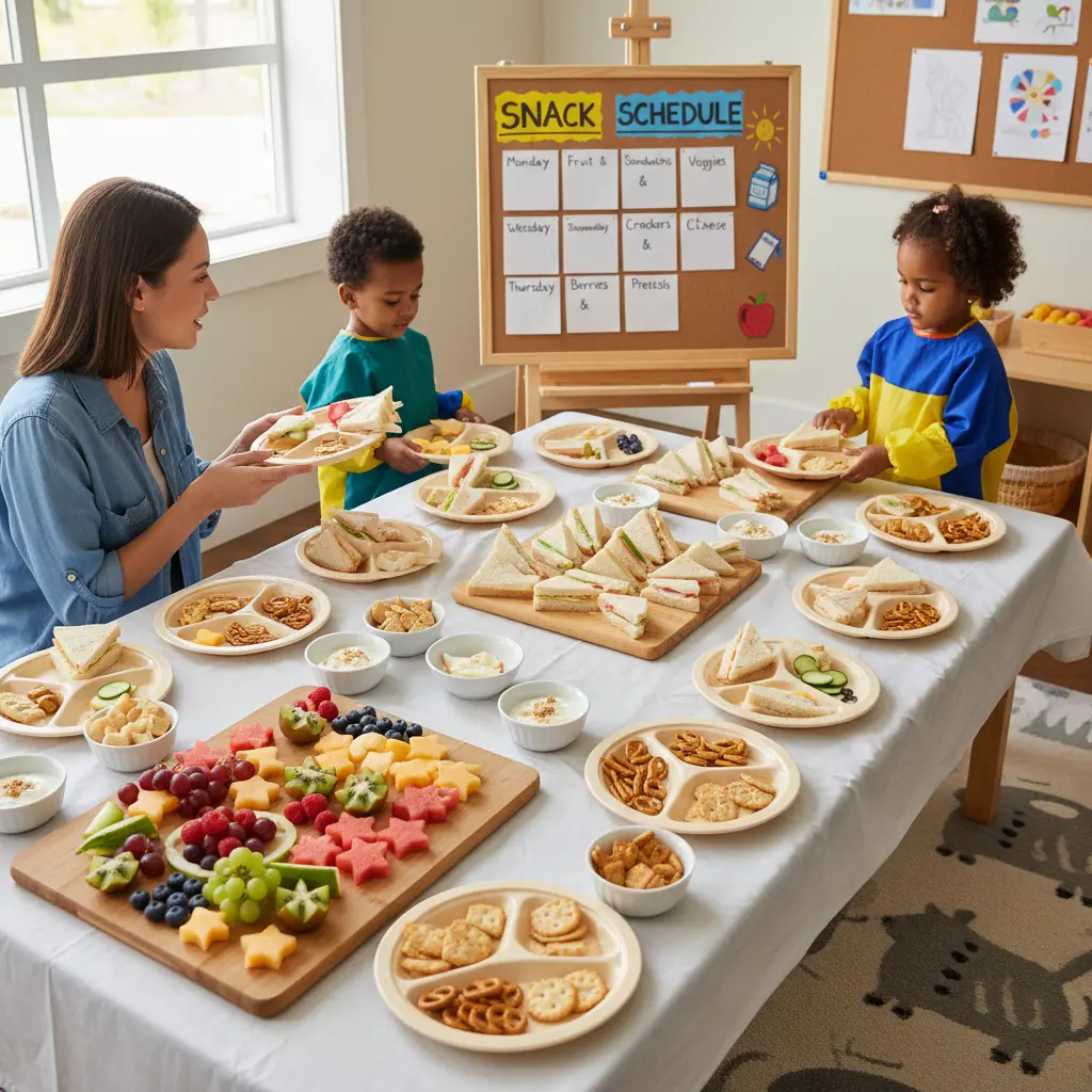  A childcare snack preparation scene with colorful portions like fruit in fun shapes, triangle sandwiches, crackers, yogurt, and a visible snack schedule on a board in the background.