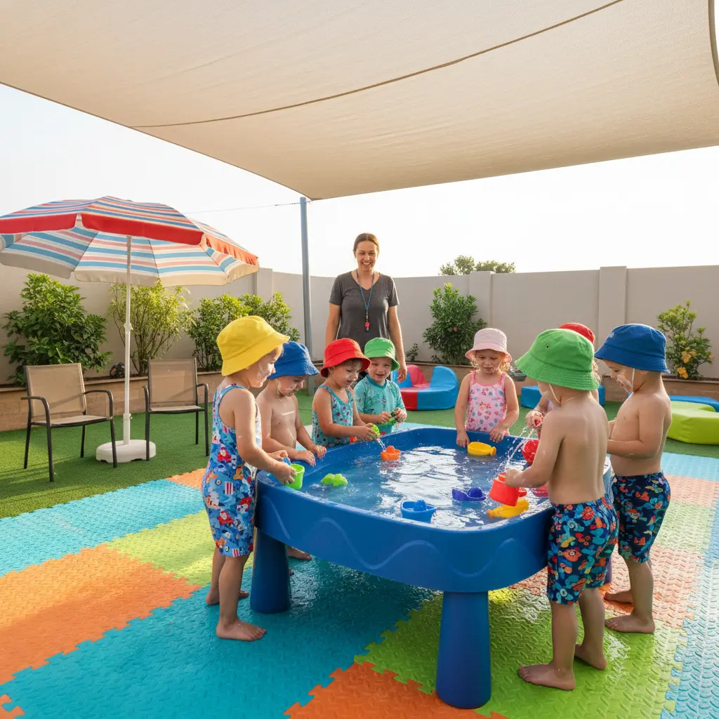 A safe water play scene with children playing at a shallow water table under adult supervision, wearing hats and sunscreen, with non-slip mats and shaded areas ensuring safety and fun.