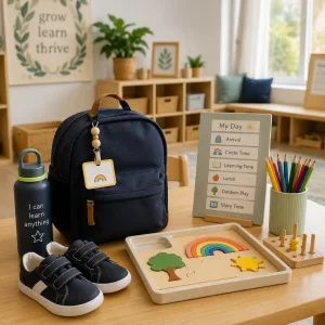 Kindergarten readiness setup with backpack, shoes, learning schedule, pencils, and educational activities supporting a confident start to school.