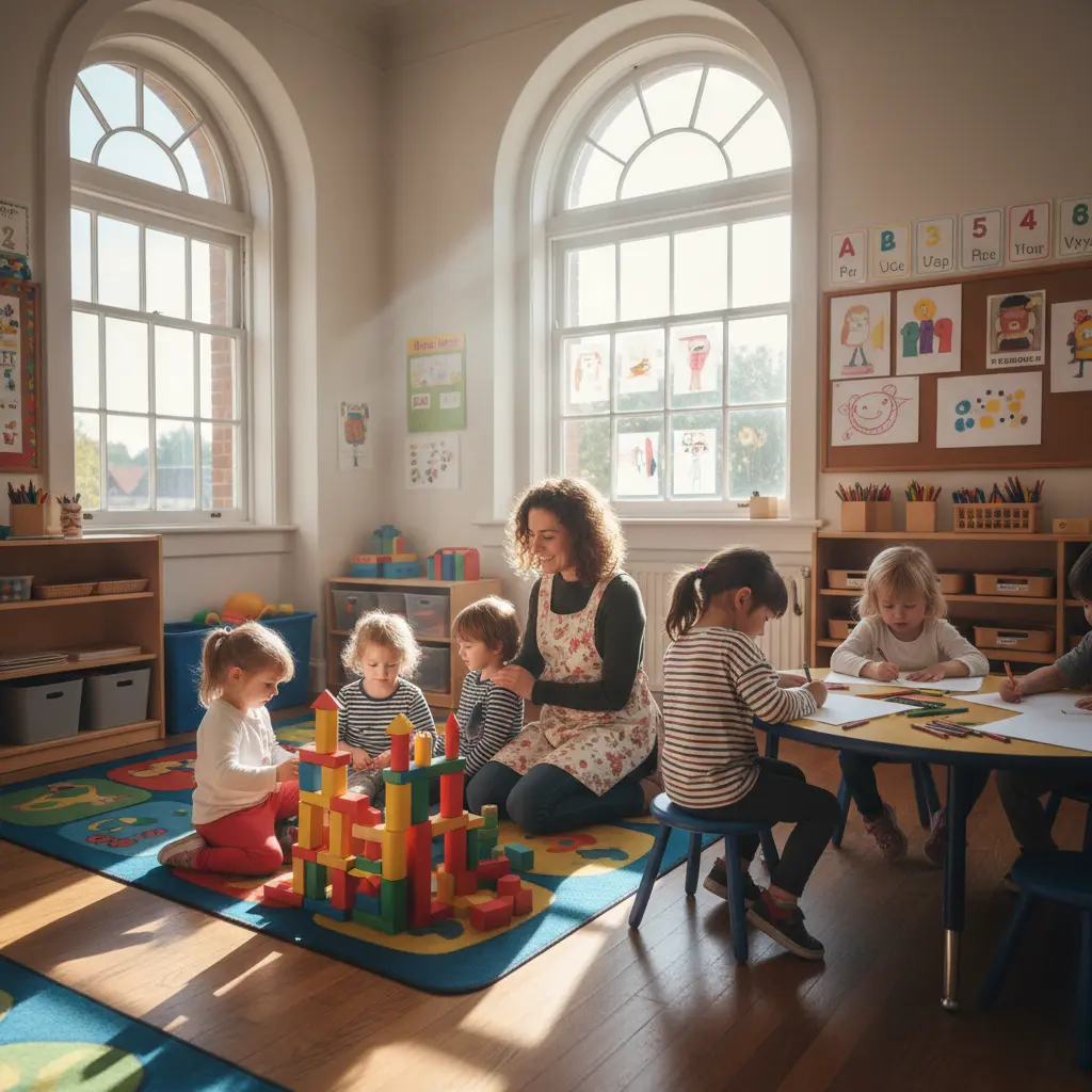 Preschool classroom in Raceview with children engaged in play-based learning activities like building blocks and drawing, supervised by a caring educator.