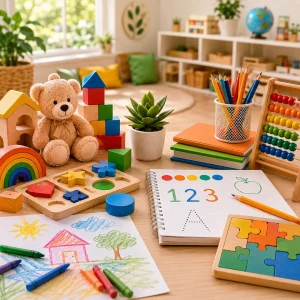 Early childhood learning setup with educational toys, books, puzzles, and creative activities supporting preschool and kindergarten readiness.