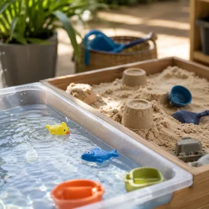 Sensory play station with water tray, sand tray, toy boats, and moulding tools encouraging exploration, creativity, and hands-on learning.