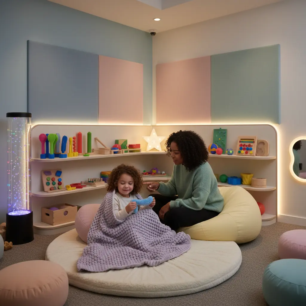 ensory-friendly corner in a Heritage Park daycare with soft lighting, fidget tools, and a child using a weighted blanket, supervised by a caring educator.
