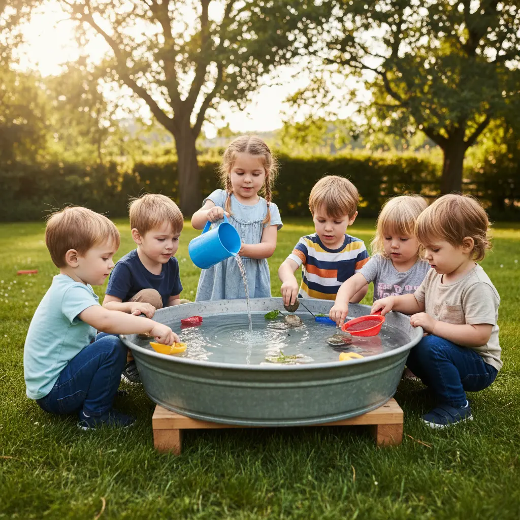 Children engaging in sensory water play, exploring water in a basin, pouring it from jugs, and dropping pebbles to create ripples, in a calm and inviting setting.