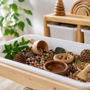 Nature-inspired sensory bin filled with seeds, leaves, pinecones, wooden scoops, and tactile materials supporting sensory development.