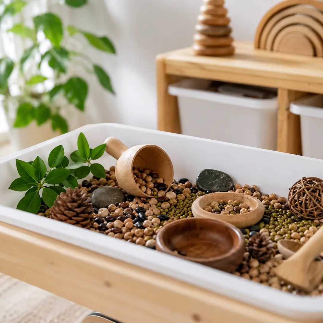 Nature-inspired sensory bin filled with seeds, leaves, pinecones, wooden scoops, and tactile materials supporting sensory development.