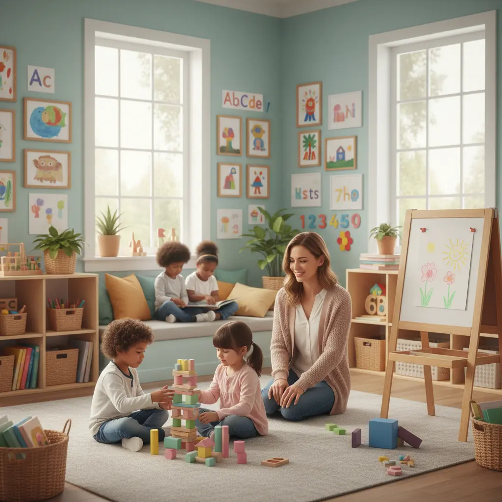 Children playing calmly in a nurturing daycare environment in Heritage Park, supervised by a caring educator, emphasizing emotional safety and support.