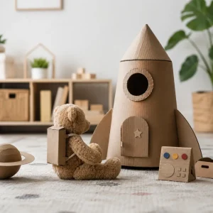 Teddy bear astronaut beside a cardboard rocket ship and imaginative play resources encouraging creativity, storytelling, and pretend play.