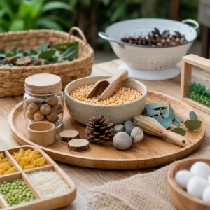 Nature-inspired sensory play tray featuring grains, pasta, wooden tools, pinecones, leaves, and tactile materials that encourage hands-on exploration and early childhood development.