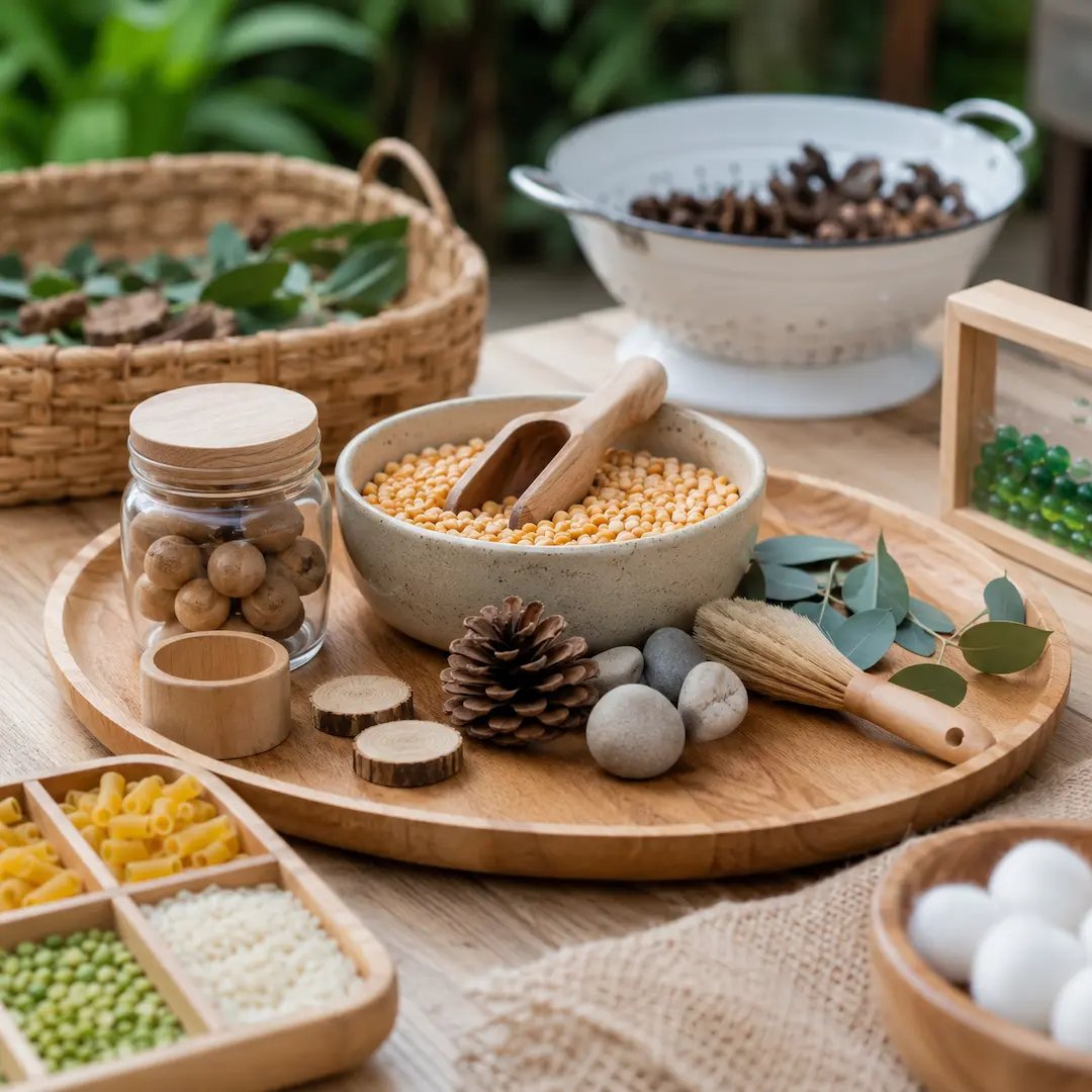 Nature-inspired sensory play tray featuring grains, pasta, wooden tools, pinecones, leaves, and tactile materials that encourage hands-on exploration and early childhood development.