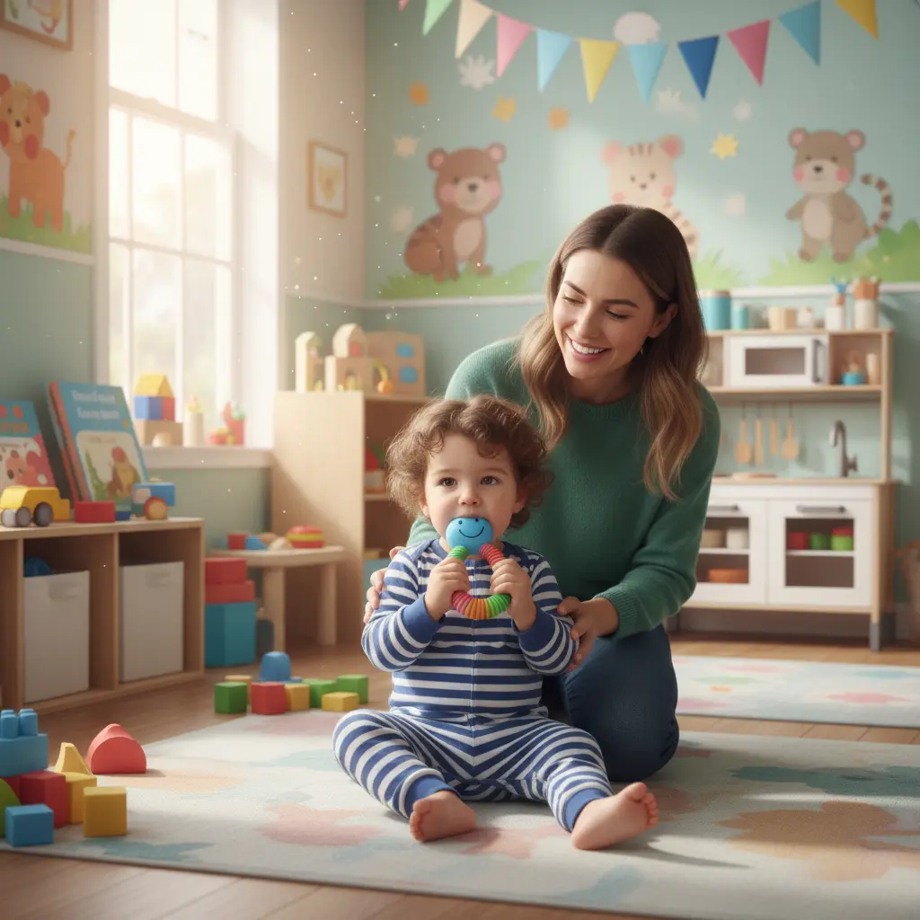 Toddler biting a toy in a daycare setting in Raceview, with a caring educator nearby, highlighting teething and early childhood behavior
