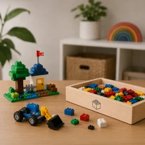 Colourful LEGO creations and building blocks on a classroom table, supporting children's creativity, problem-solving skills, fine motor development, and imaginative play in an early learning environment.