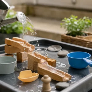 Hands-on water play station with flowing water channels, cups, boats, and natural materials supporting sensory exploration and problem-solving skills.