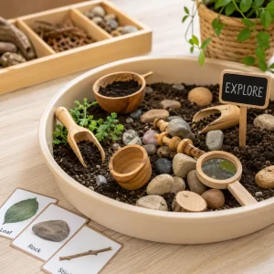 Sensory play tray filled with soil, rocks, wooden tools, and natural materials, encouraging toddler exploration, discovery, and hands-on learning.