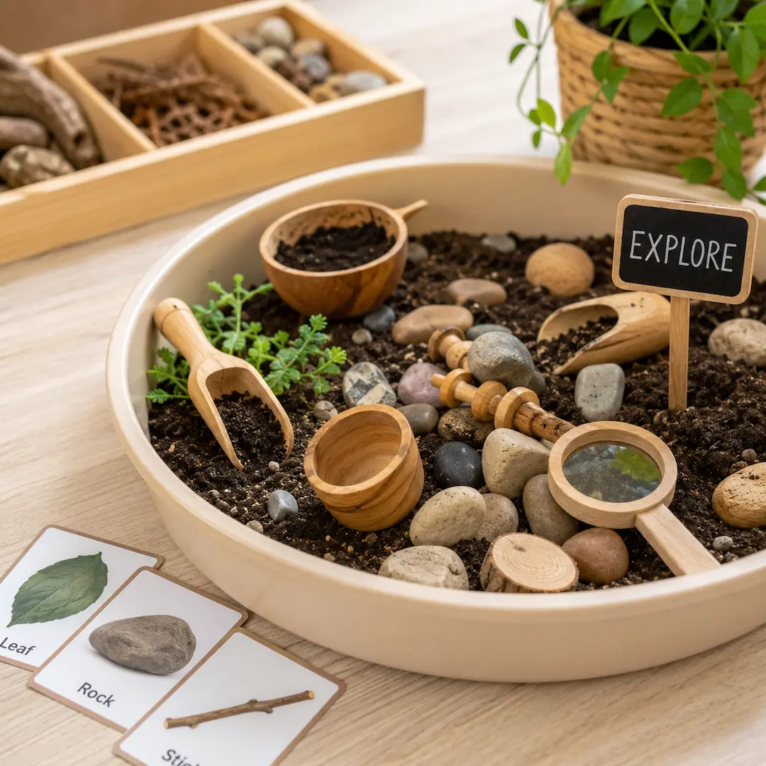Sensory play tray filled with soil, rocks, wooden tools, and natural materials, encouraging toddler exploration, discovery, and hands-on learning.