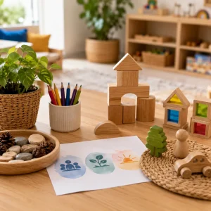 Early learning resources including wooden blocks, nature materials, and play-based activities supporting children's belonging, being, and becoming under the EYLF framework.
