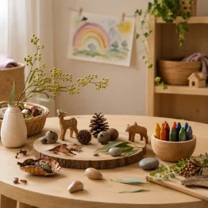 Nature-inspired learning materials, wooden toys, leaves, stones, and creative resources arranged in a calm early childhood classroom reflecting Steiner education principles.