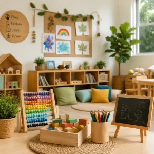 Kindergarten classroom setup with counting beads, building blocks, drawing materials, and creative learning resources supporting holistic child development.