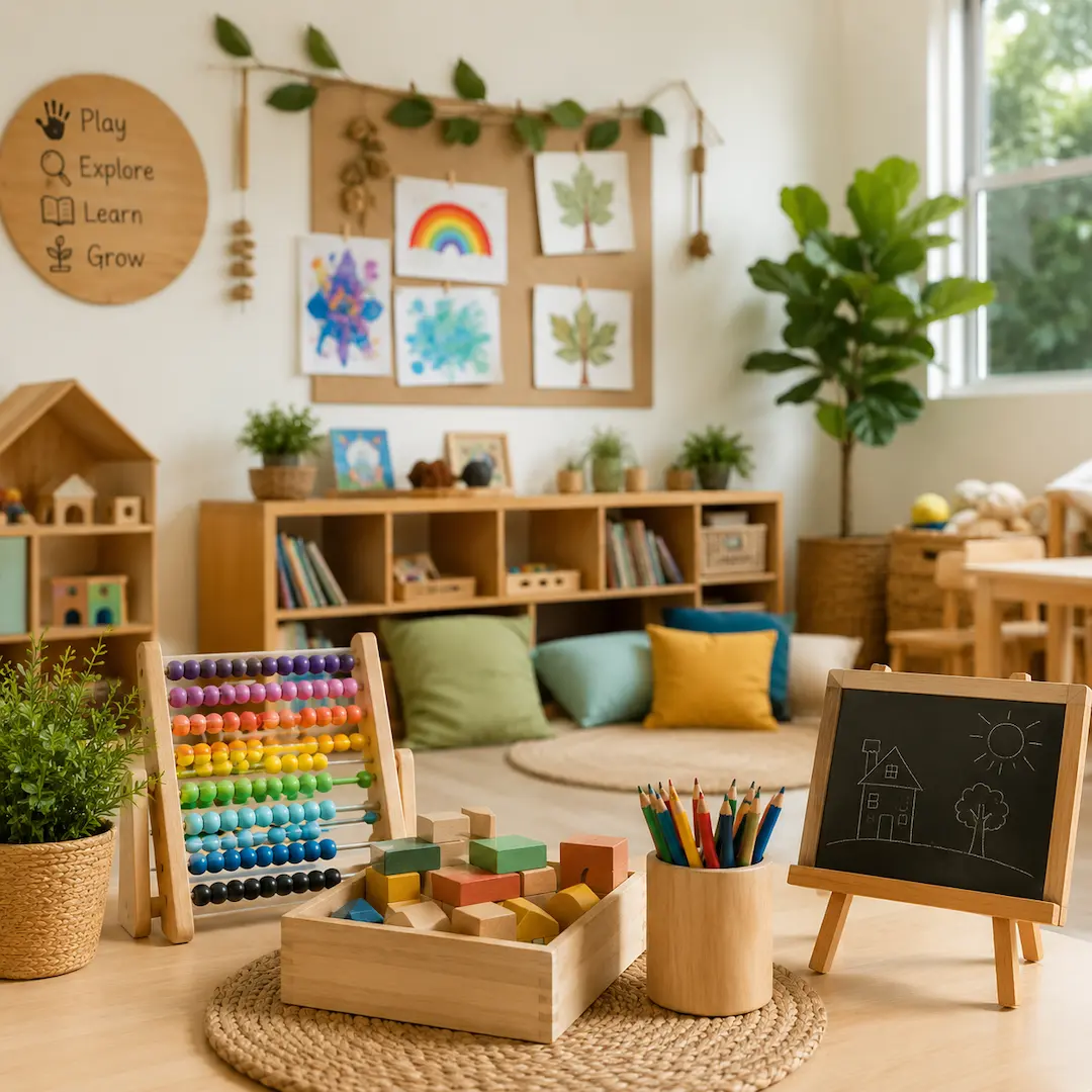 Kindergarten classroom setup with counting beads, building blocks, drawing materials, and creative learning resources supporting holistic child development.