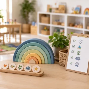 Early childhood classroom display featuring learning outcomes, wellbeing symbols, and quality indicators representing Australia's National Quality Framework for childcare.
