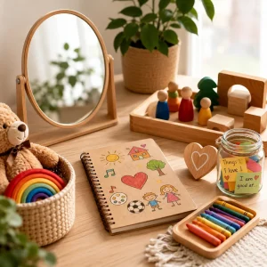 Self-identity learning activity featuring a mirror, family figures, colourful drawings, and reflection prompts that help children build confidence, self-awareness, and a sense of belonging.