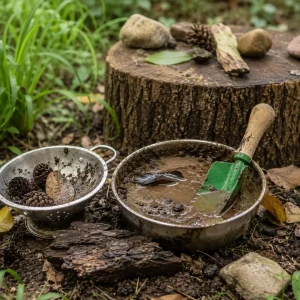 Outdoor nature play activity featuring mud, leaves, pinecones, and digging tools encouraging sensory learning, creativity, and environmental exploration.