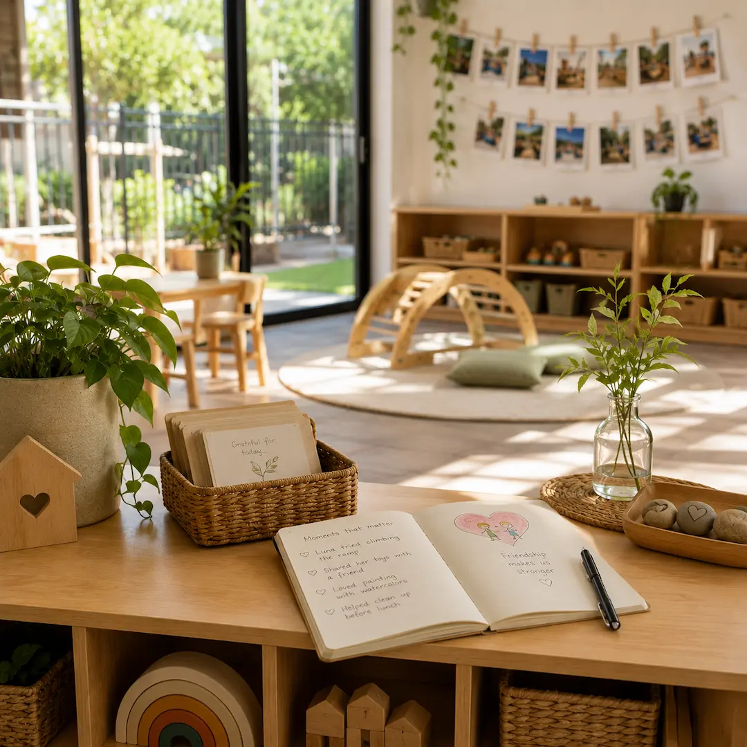 Warm early learning classroom with a journal of daily milestones and reflections, highlighting how childcare centres build parent trust through communication and care.