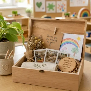 Thoughtful educator appreciation gift box with handmade notes, children's artwork, keepsakes, and classroom memories in an early learning setting.