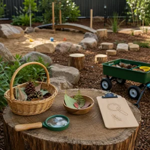 Nature-based outdoor childcare play area featuring sensory materials, discovery tools, and natural learning resources for exploration.