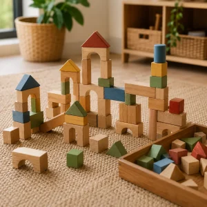 Wooden block structures and building materials arranged in a childcare setting, encouraging creativity, problem-solving, and spatial development.