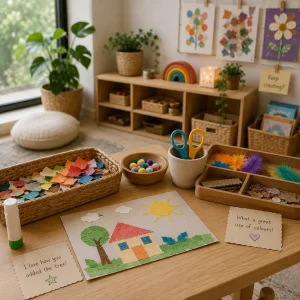 Colourful collage-making activity with paper scraps, craft materials, and children's artwork encouraging creativity and fine motor skill development.