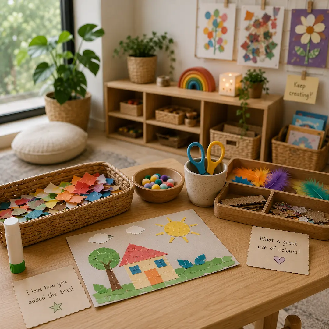 Colourful collage-making activity with paper scraps, craft materials, and children's artwork encouraging creativity and fine motor skill development.