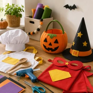 DIY Halloween costume materials including a pumpkin basket, witch hat, apron, felt mask, and craft supplies arranged on a classroom table.