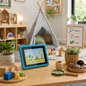 Balanced learning environment combining educational technology with hands-on exploration materials, nature resources, and imaginative play spaces.