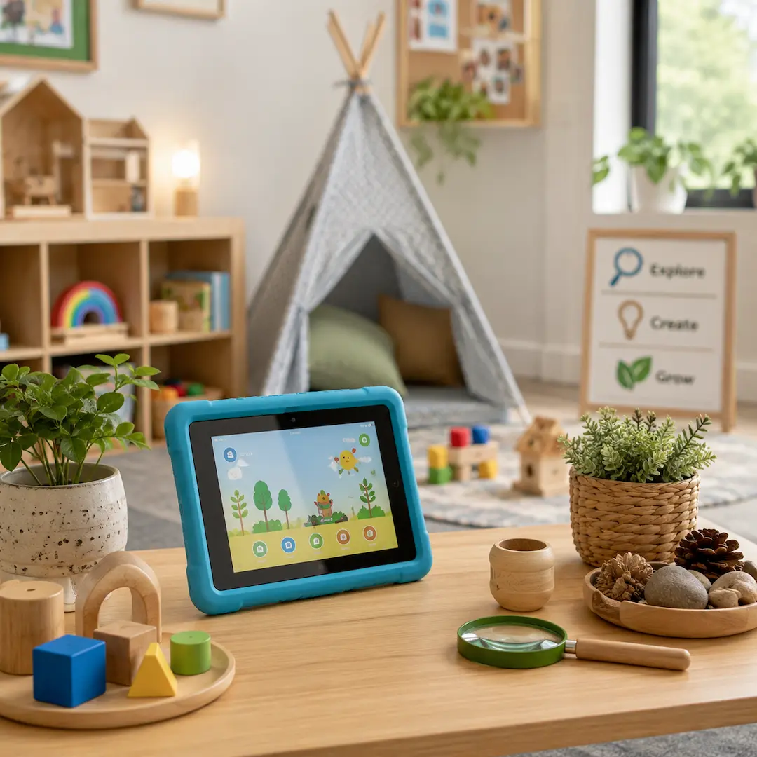 Balanced learning environment combining educational technology with hands-on exploration materials, nature resources, and imaginative play spaces.