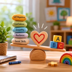 Educational balance display highlighting social skills, resilience, empathy, confidence, and emotional development alongside early learning.