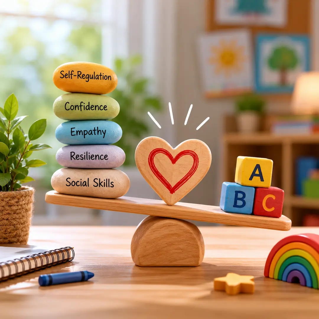 Educational balance display highlighting social skills, resilience, empathy, confidence, and emotional development alongside early learning.