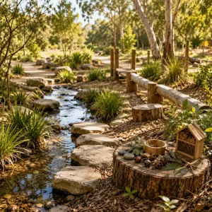 Natural outdoor learning area with stepping stones, water play stream, native plants, and nature exploration resources for young children.