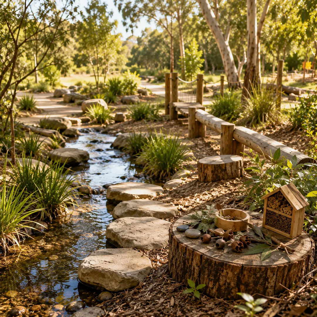 Natural outdoor learning area with stepping stones, water play stream, native plants, and nature exploration resources for young children.