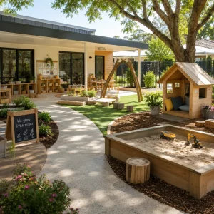 Outdoor childcare environment featuring play spaces, sandpit, garden areas, and nature-inspired learning zones for children.