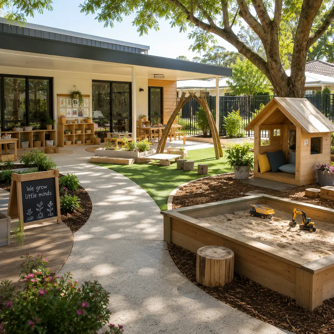 Outdoor childcare environment featuring play spaces, sandpit, garden areas, and nature-inspired learning zones for children.