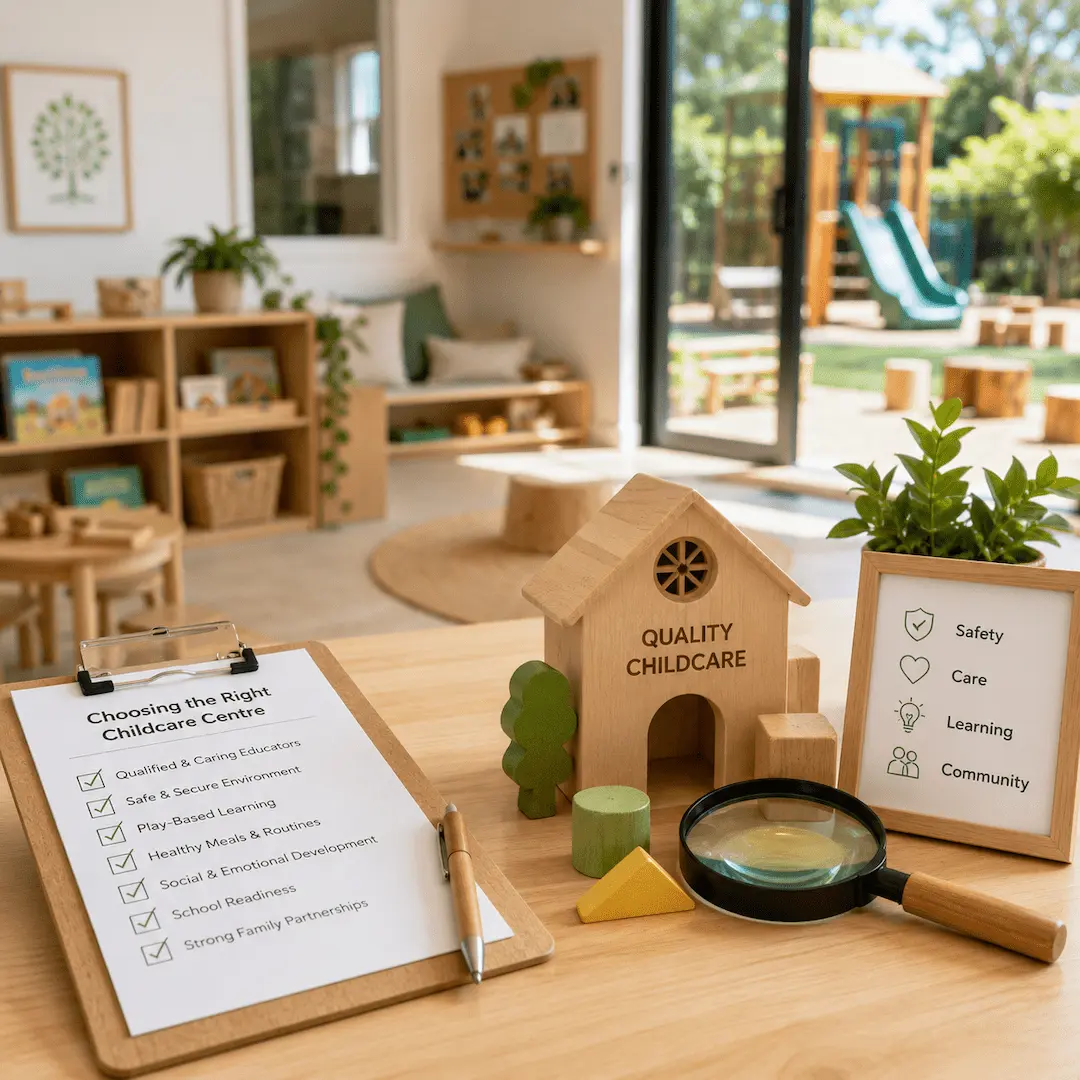 Childcare quality checklist beside educational resources in a bright learning environment, showcasing key features of a high-quality childcare centre.