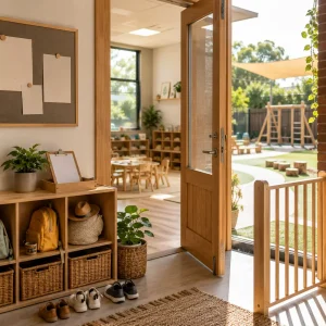 Welcoming childcare centre entrance in Heritage Park featuring organised cubbies, learning spaces, and a secure outdoor play area designed to support children's development and daily routines.