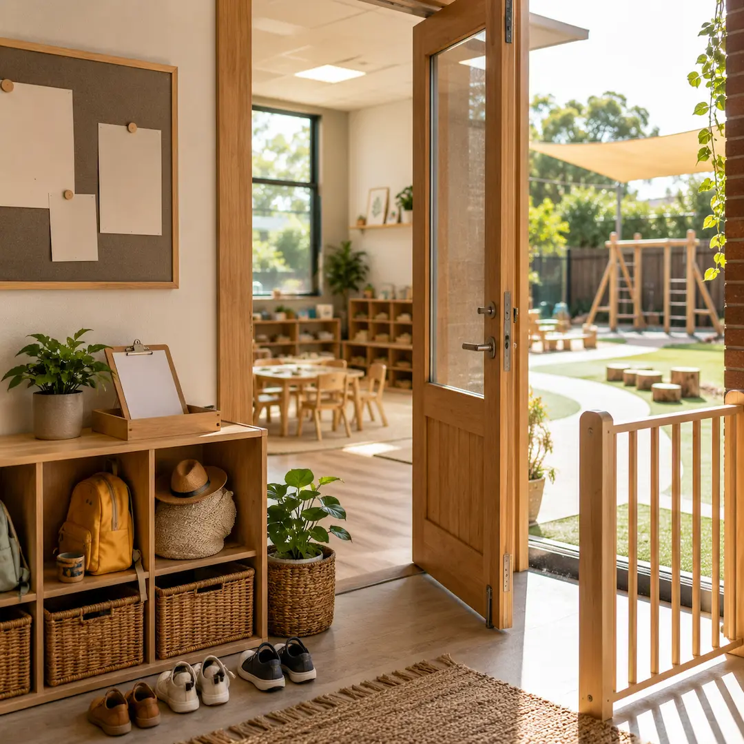 Welcoming childcare centre entrance in Heritage Park featuring organised cubbies, learning spaces, and a secure outdoor play area designed to support children's development and daily routines.