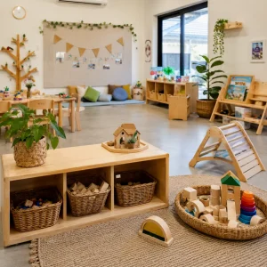 Modern early learning classroom with natural materials, organised play areas, and inviting educational spaces that reflect quality childcare.