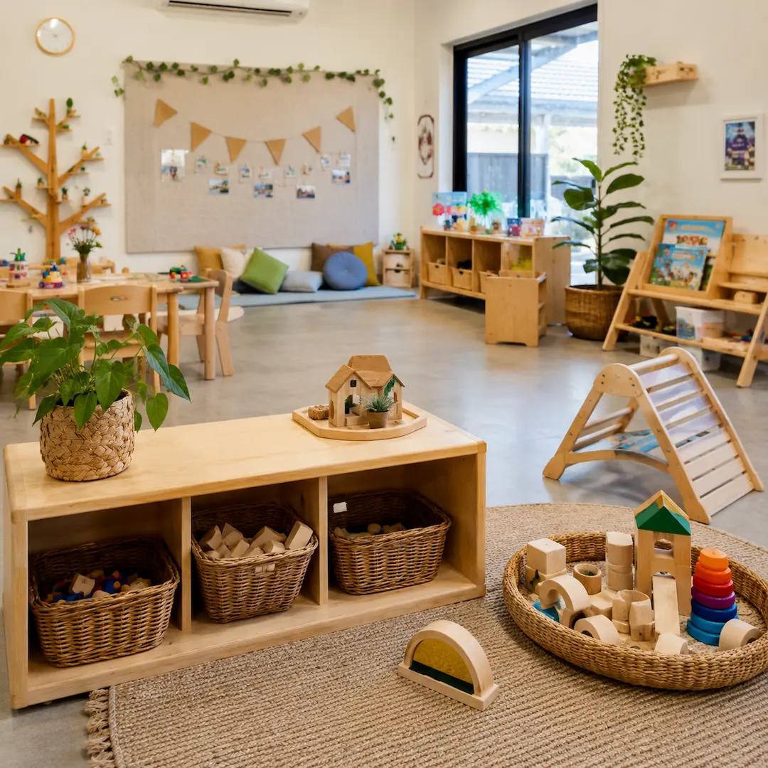 Modern early learning classroom with natural materials, organised play areas, and inviting educational spaces that reflect quality childcare.