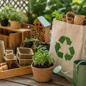 Sustainability learning resources including recycled materials, seedling pots, gardening tools, and eco-friendly activities for young children.
