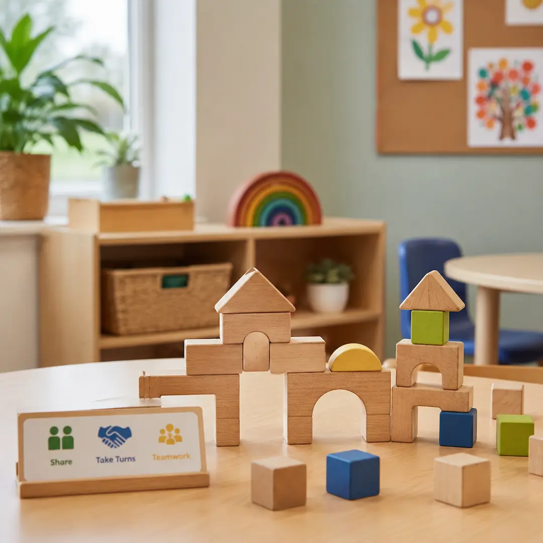 Wooden block construction activity with teamwork and sharing prompts, demonstrating cooperative learning in an early childhood setting.